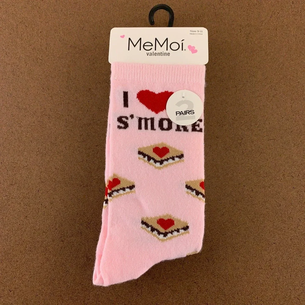 MeMoi Women's Size 9-11 Pink I Love Smore Gray Hearts Crew Socks 2 Pairs NWT